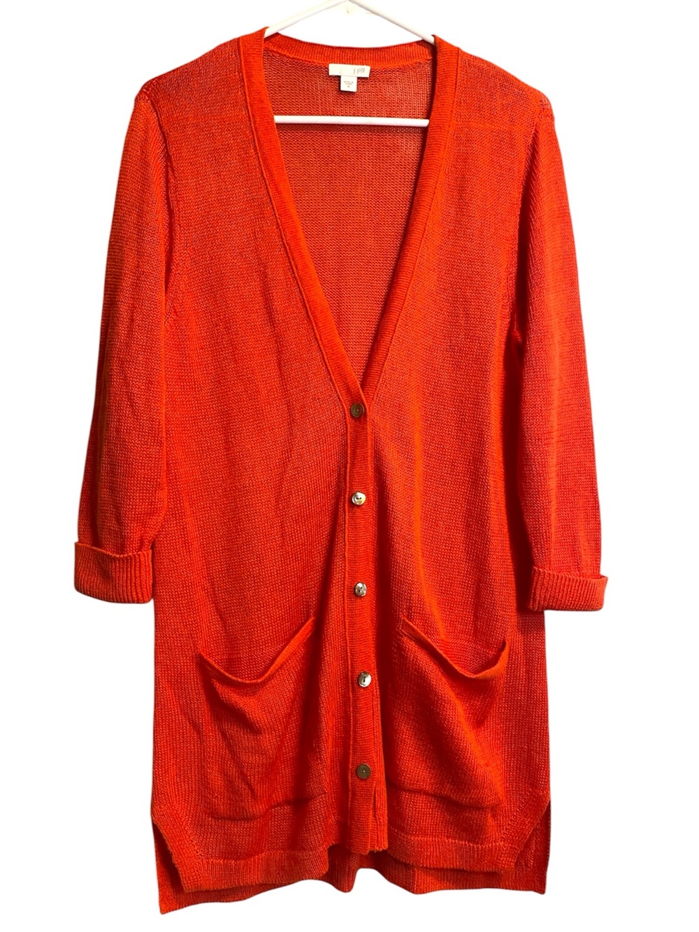 J Jill Linen Blend Longline Cardigan Medium Red Orange Slouchy Lightweight Knit